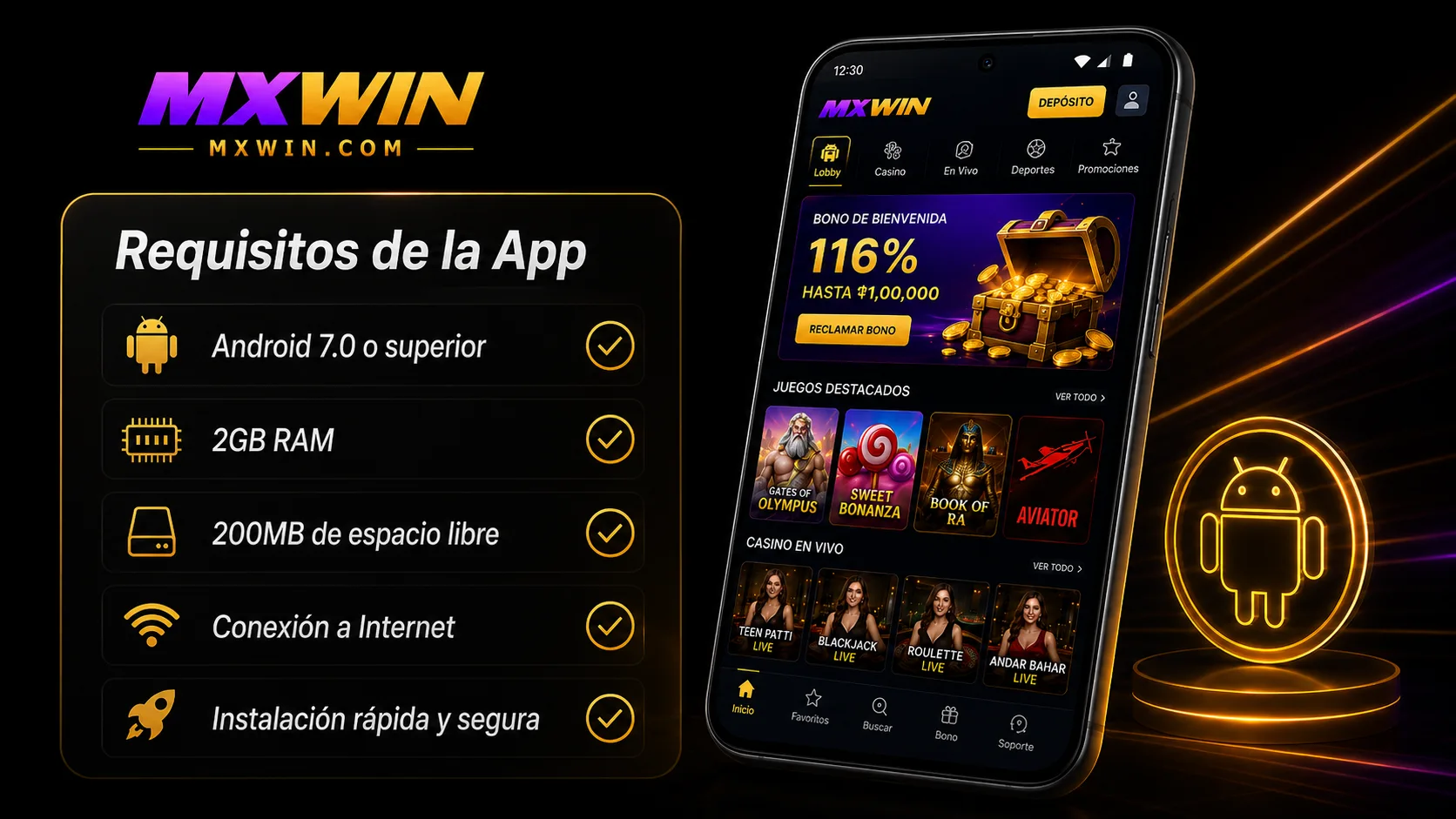 Tabla visual con los requisitos de Android para instalar la app de mxwin
