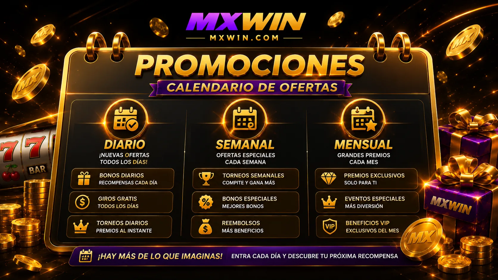 Calendario de promociones de mxwin con bonos diarios, semanales y mensuales para México