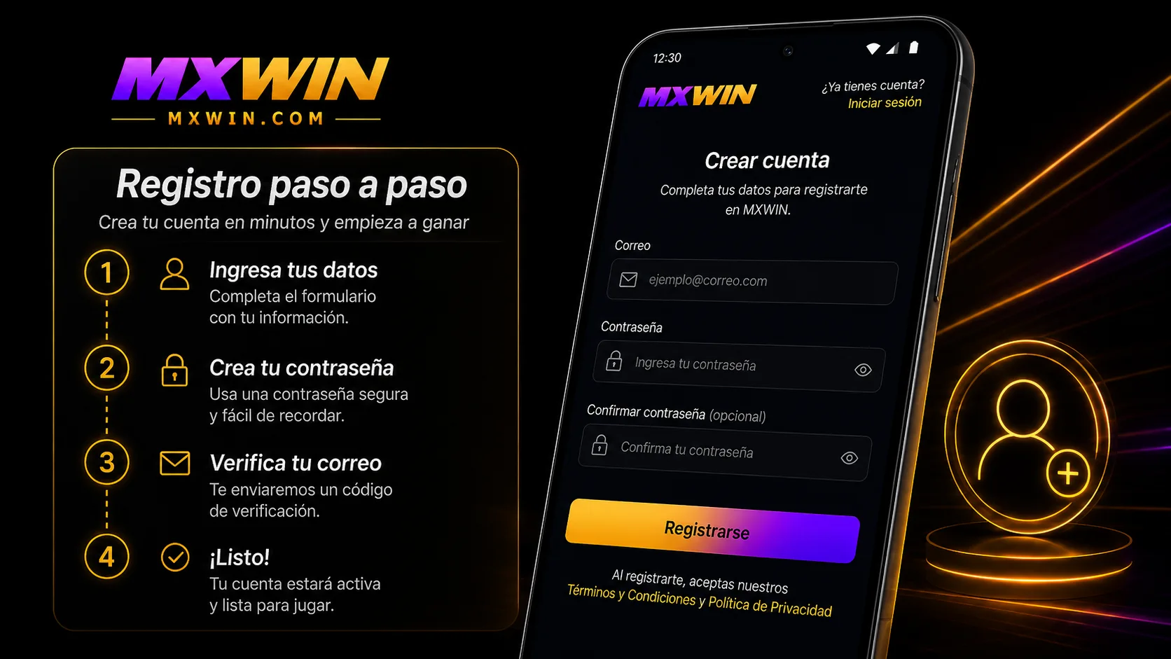 Formulario de registro de mxwin mostrando los campos de correo y contraseña en español