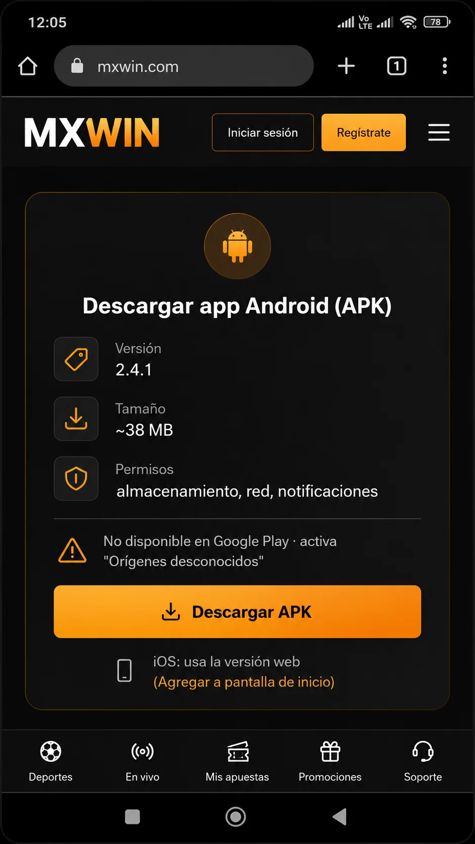 Descarga del APK de mxwin versión 2.4.1 de 38 MB fuera de Google Play