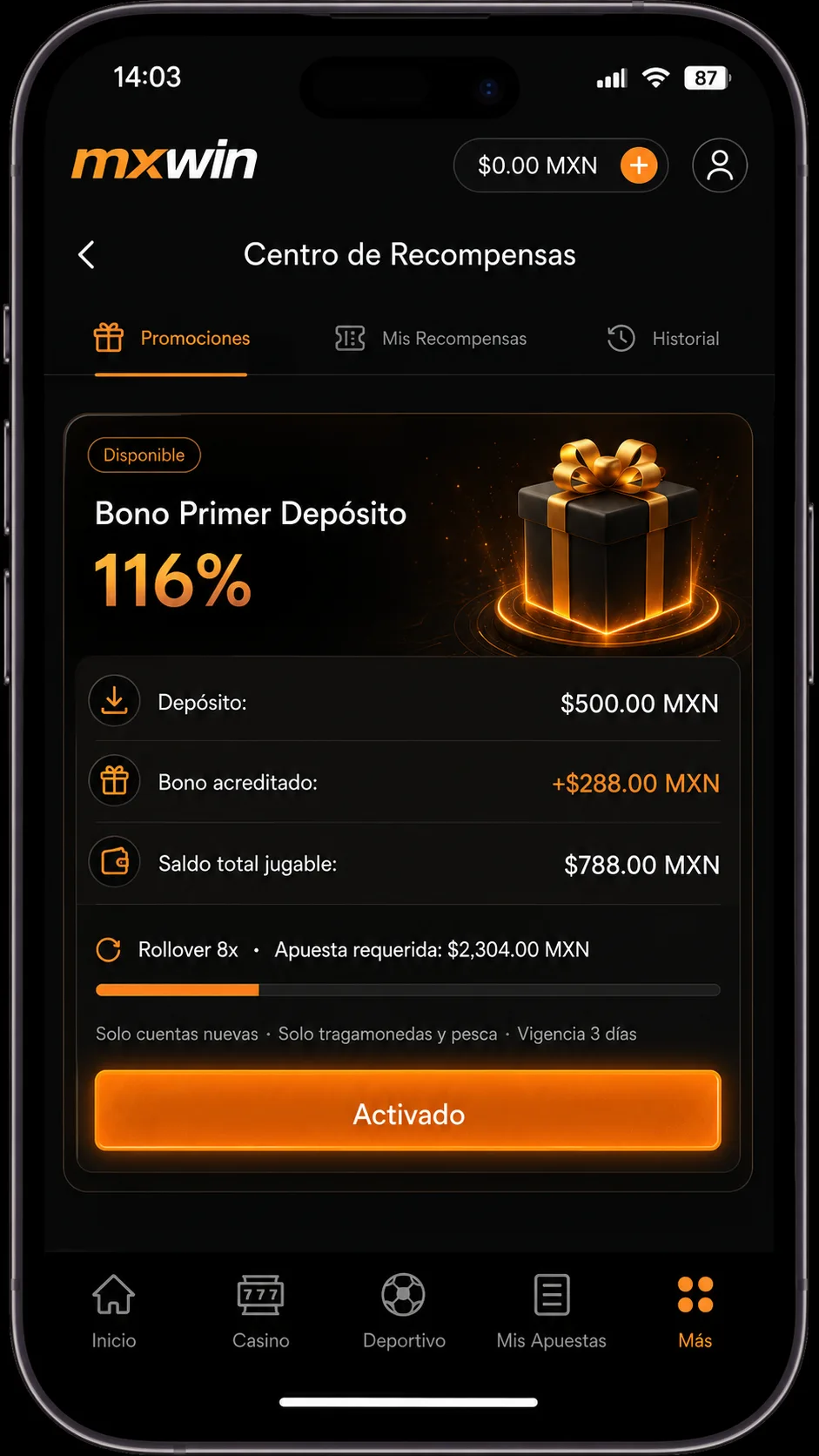 Bono del 116% acreditado en el Centro de Recompensas de mxwin con saldo jugable de 788 pesos