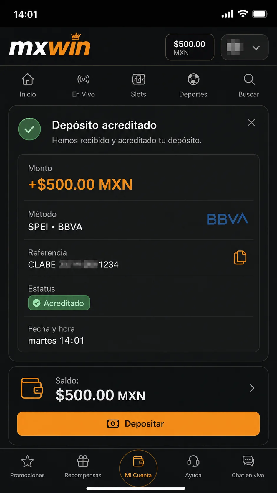 Comprobante de depósito SPEI de 500 pesos acreditado en mxwin en unos 3 minutos