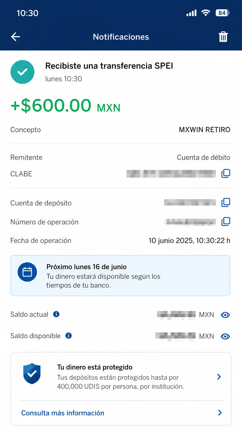 Comprobante del pago SPEI de mxwin recibido en el banco BBVA seis días después de solicitarlo