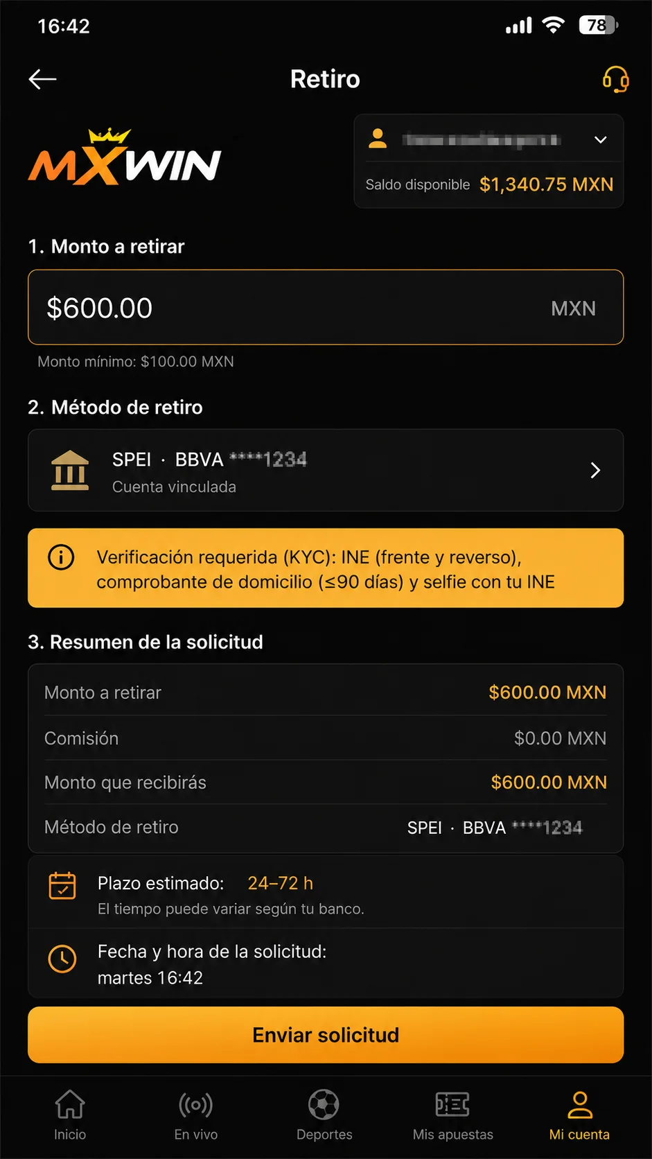 Pantalla de retiro en mxwin solicitando verificación KYC con INE, comprobante de domicilio y selfie