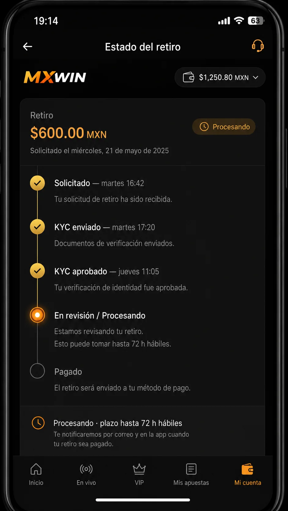 Línea de tiempo del retiro en mxwin: solicitud el martes, KYC aprobado el jueves y pago recibido el lunes