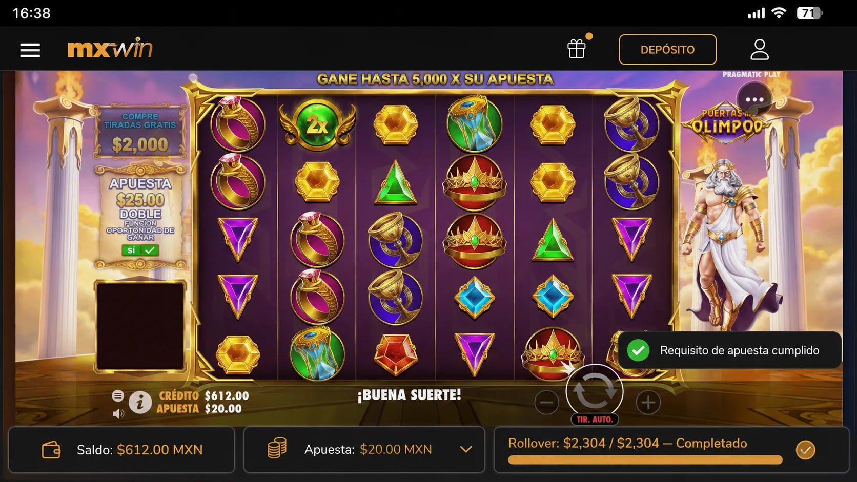 Progreso del rollover 8x del bono de mxwin completado jugando Puertas de Olimpo