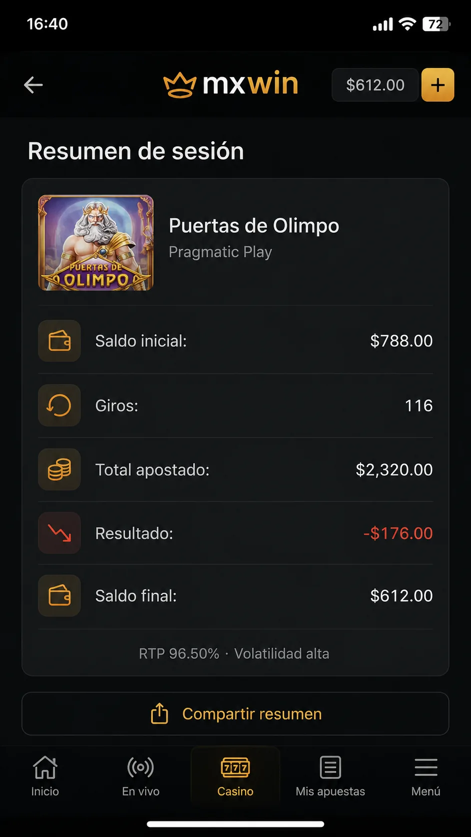 Sesión real en Puertas de Olimpo en mxwin: 116 giros con resultado neto de menos 176 pesos