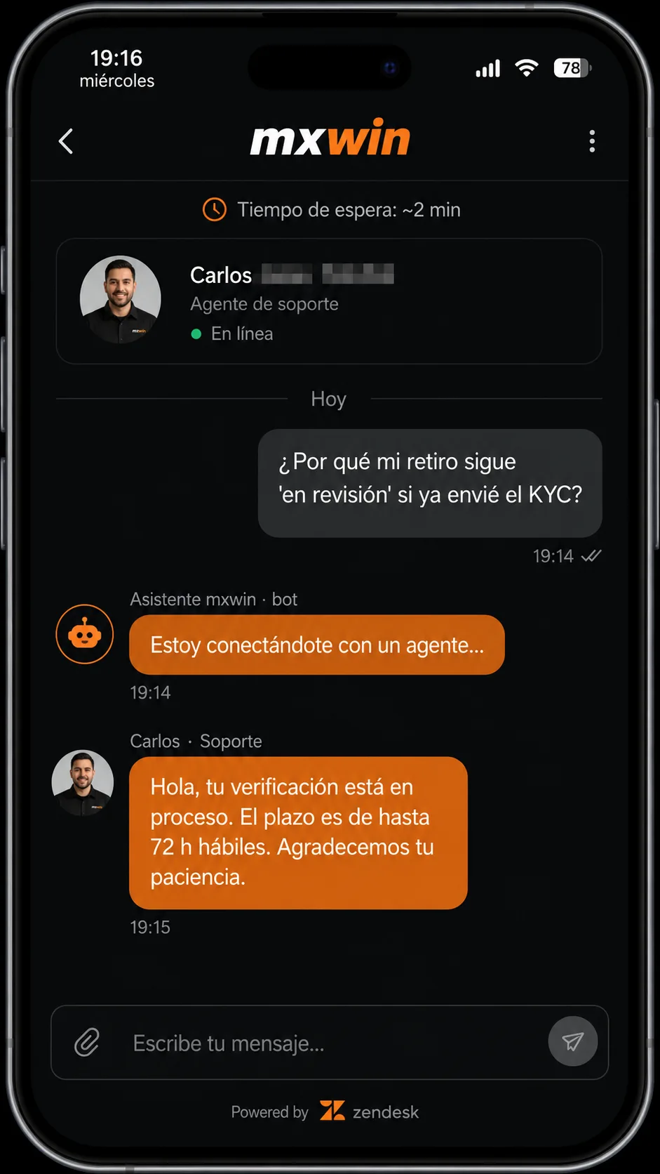 Chat de soporte de mxwin atendiendo una consulta sobre el estado de un retiro pendiente