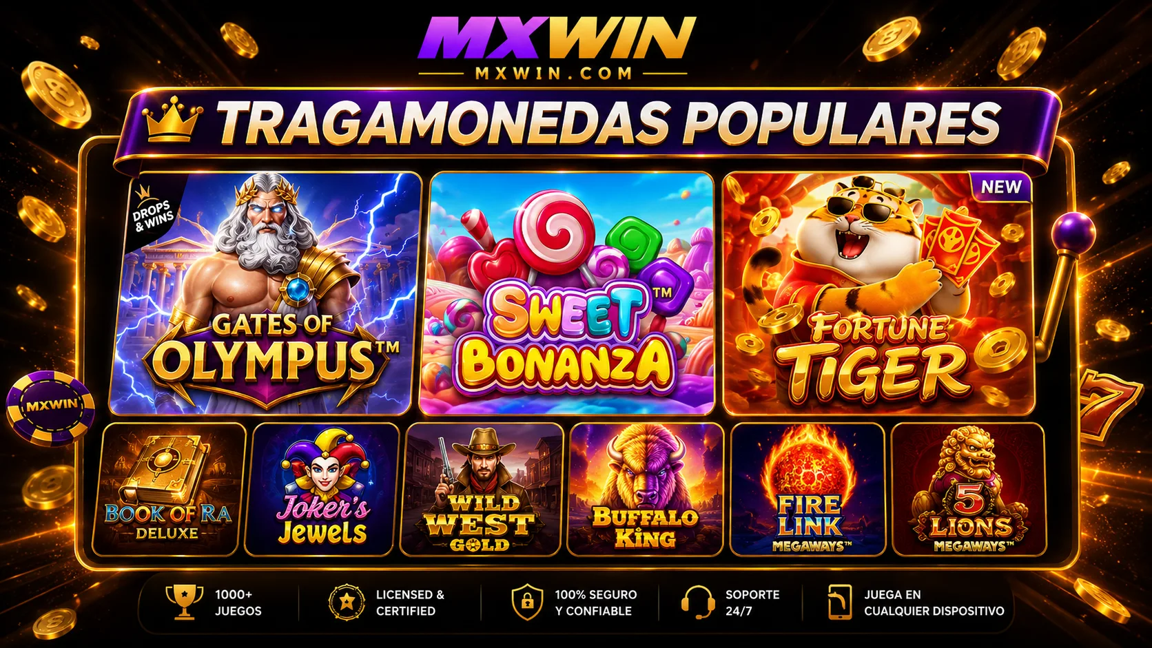 Lobby de tragamonedas de mxwin con Puertas de Olimpo, Bonanza Dulce y Tigre de la Fortuna