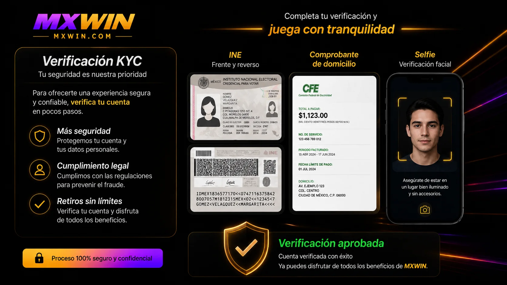 Documentos de verificación KYC INE y comprobante de domicilio para retirar en mxwin